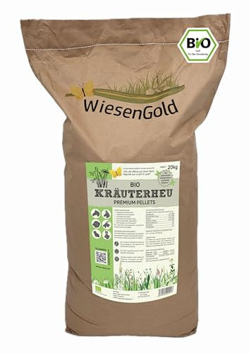 Heucobs Bio, Wiesencobs, WiesenGold® Bio KräuterHeu Pellets/Cobs (20kg) – Premium Pferdefutter, von artenreichen Kräuterwiesen, Melassefrei, ohne Zuckerzusatz, staubfrei, Bio Heupellets, Heu Cobs
