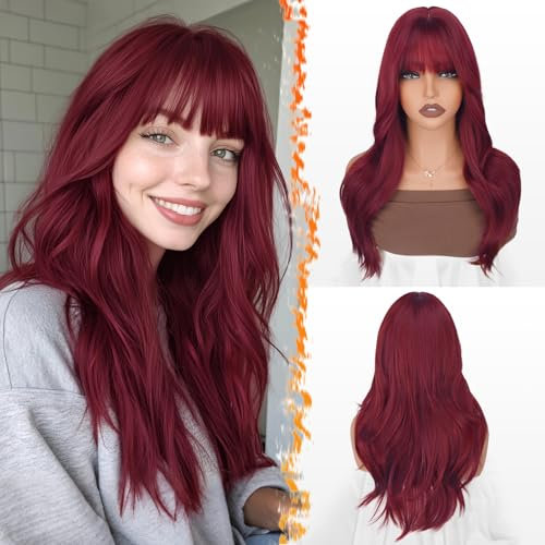 BARSDAR Burgunderrot Layered Perücke mit Pony, 50cm rot Perücke mit Bangs für Frauen Natürliches Aussehen Weiche Gewellte Synthetische Perücken Glattes Haarschnitt Fringe Tägliche Party Halloween