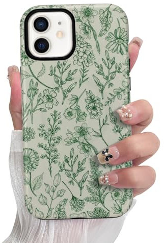 SOKAD Magnetic Sage Floral Phone Case for iPhone 12, Vintage Green Flower Pattern Compatible with Magsafe Matte Protective Case Cover with Screen Protector for Girls Women