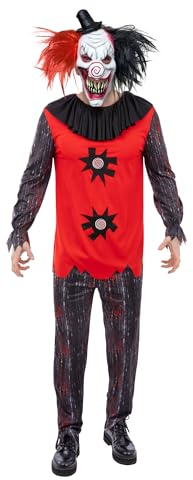 Smiffys Jester Chuckles Costume for Adults, Creepy Evil Clown Halloween Fancy Dress Outfit with Red and Black Top, Trousers & Scary Face Mask for Horror Circus and Haunted House Parties medium
