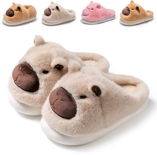 Drecage Slippers for Women and Men Capybara Winter Fuzzy Cozy House Shoes Cute Warm Soft Indoor Bedroom Memory Foam Beige 5.5-6 US Women 4.5-5 US Men