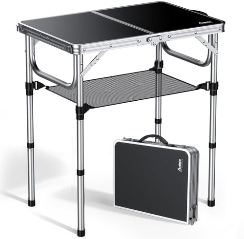 Anbte 2ft Folding Camping Table with Storage Net, 3 Adjustable Heights Small Folding Table, Lightweight and Portable, with Carry Handle, for Camping, Fishing, Picnic, Beach,Outdoor,Silver