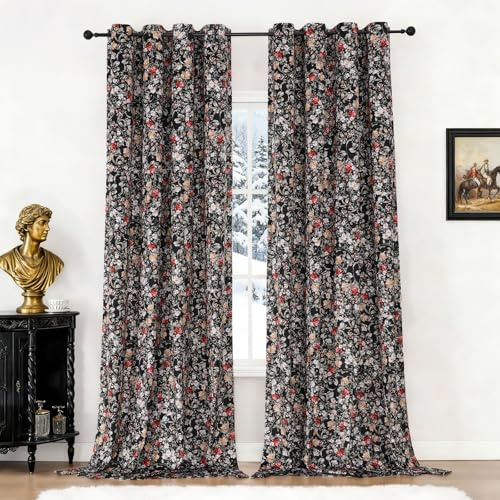 VEHEDE 244 cm Lange Elegante Samt-Verdunkelungsvorhänge für Schlafzimmer/Wohnzimmer, wärmeisolierte Gardinen mit Ösen, Boho Blumen Gardinen für Fensterdekor 2er Set, 132x244 cm, Schwarz
