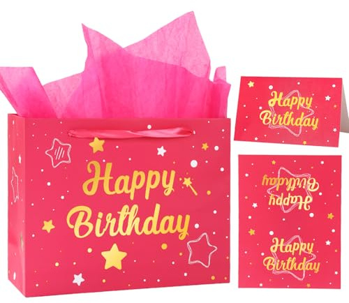 Geschenktüten 33×12×26cm, Rosa Geschenktüten Geburtstag, Geschenktüte Groß Papiertüten mit Henkel, Seidenpapier, Grußkarte, für Mädchen Frauen Geburtstag Geschenkverpackung Rosa Sternenhimmel-Design