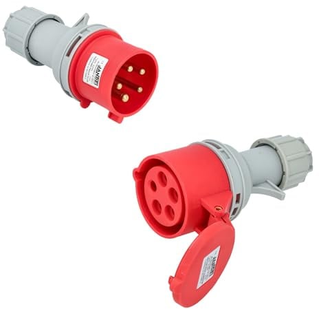 Jandei - Pack Conector Trifásico de Potencia, Toma industrial 16A 3P+N+T (5 polos) 240-415 Vac IP44, Macho Aéreo + Hembra Aéreo. Enchufes Industriales Adaptador