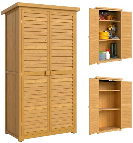 Outsunny Abri de Jardin à Outils sur Pied en Bois 87 x 47 x 160 cm Naturel | 2 Étagères, Portes à Volets, Toit en Bitume Incliné