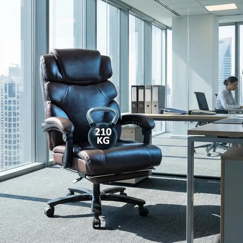 FurniSoar Big and Tall Chefsessel PU Leder, Bürostuhl Ergonomisch 210 kg mit Fußstütze, Home Office Stuhl mit Verstellbarer Hoher Rückenlehne, Drehstuhl mit Kopfstütze Computerstuhl, Braun
