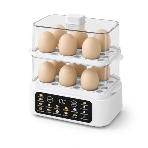 FLOWCASA Eierkocher 12 Eier, 2 Ebenen, Dampfgarer 2,5L, 16 Programme, Weiß