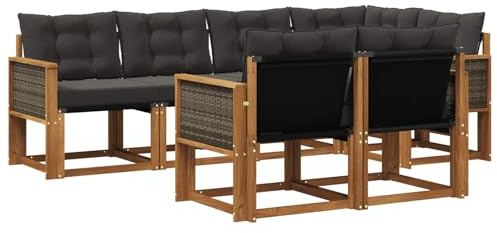 vidaXL Outdoor-Sofagarnitur mit Kissen 7 pcs Natürlich und Schwarz, Moderner Outdoor-Sofa, strapazierfähige Gartenmöbel, Lounge für Terrasse, Komfortables Sitz-Set