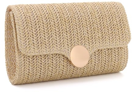 BWBIKE Women’s Straw Braided Clutch Purse， Elegant Evening Bag with Detachable Chain for Summer Beach, Wedding & Party