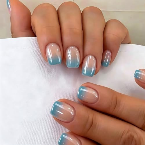 SXVME Chrome Press On Nails Short Square, 30 Pcs Glazed Ombre Teal Blue False Nails Short with Mirror Finish, Sparkly Nude French Fake Nails Press on, Soft Gel Stick on Nail for Women Cute Manicure