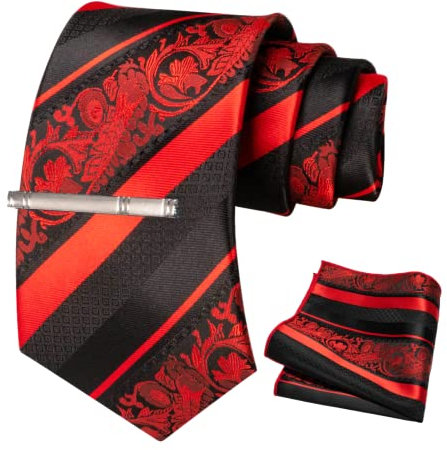JEMYGINS Mode Blumen Krawatten und Einstecktuch mit krawattenklammer Sets für Herren, Rot, M