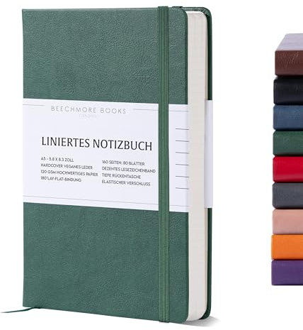 Beechmore Books Notizbuch liniert - A5, Grün I Premium Hardcover Journal Buch aus veganem Leder, 120gsm creme Papier, inkl Geschenkbox, für Schriftsteller, Journalisten, Meetings & Studenten