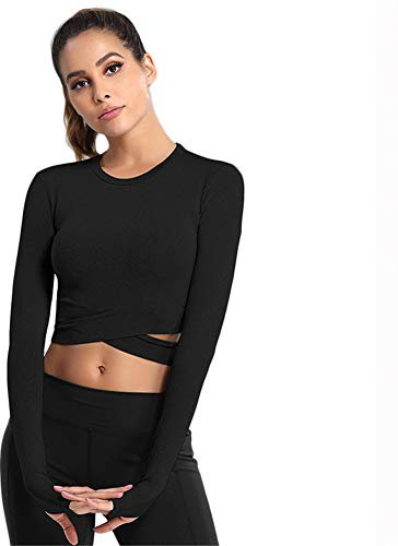 SotRong Long Sleeve Gym Crop Tops for Women UK Cross Wrap Slim Fit Running Sports Workout Yoga T Shirt with Thumb Holes Black L