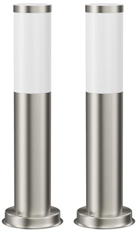 ledscom.de 2 Stück Pollerleuchte PORU für außen, Edelstahl, rund, 38,5cm, inkl. E27 Lampe 3,99W extra-warm-weiß 471lm