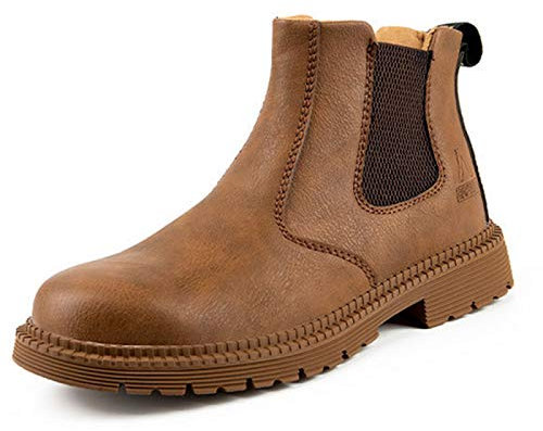 Zapatos de Seguridad Hombre, Botas de Seguridad para Hombre,Zapatos de Cuero con Punta de Acero Botas de Trabajo Impermeables y Transpirables Botas Zapatos Sin Cordones,Khaki-43