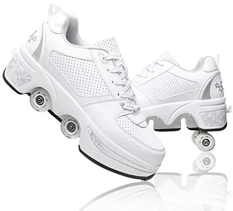 Pinkskattings@ Damen Und Mädchen Rollschuhe Skateboard Schuhe Kinderschuhe Mit Rollen Skate Shoes Rollen Schuhe Sportschuhe Laufschuhe Sneakers Mit Rollen Kinder (Weiß
