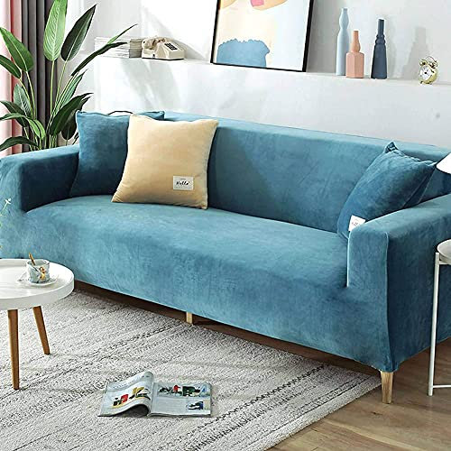 Samt-Sofabezug für 2-, 3-, 4-Sitzer, weicher Plüsch-Sofaschutz, Stretchbezug für Sofa und Armlehnen, wasserabweisend, Möbelschutz, Blau, 4-Sitzer, 235-280 cm