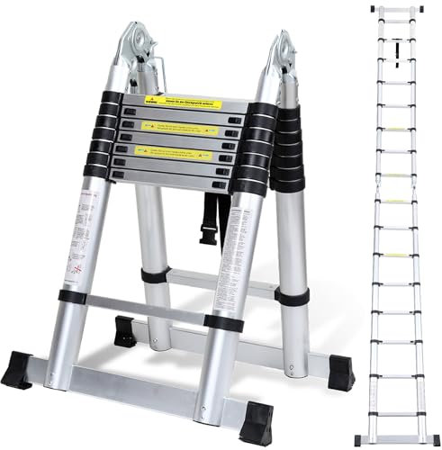 Cecaylie 5(2.5+2.5) M Teleskopleiter mit Tragegriff, Rutschfester Teleskop Mehrzweckleiter Tragbar Alu Leiter,Maximale Tragfähigkeit 150kg
