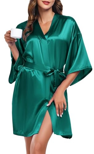 Wikoan Peignoir de Bain Femme Bride Court Kimono Nuit Robe de Chambre à Manches 3/4 Sortie de Bain Satin Peignoirs Femme Bridesmaid Vert S