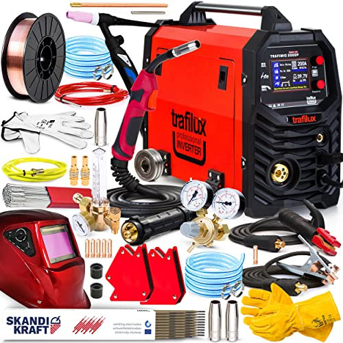 Trafilux 200 Dual Pulse LCD Welding Inverter MIG MAG MMA TIG LIFT FLUX 200A 230V IGBT, Synergy, Gas-Free Welding Machine, Welding Torch MIG/MAG MB15/2.6M SET PROFESSIONAL