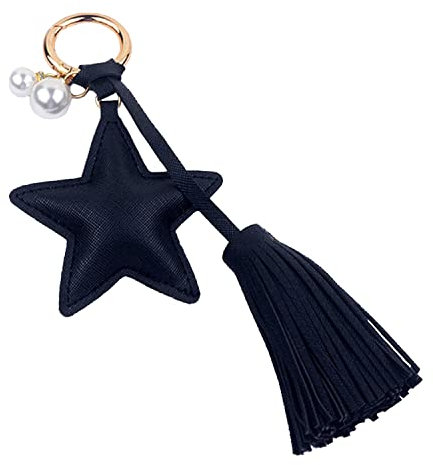 Shining crown Schlüsselanhänger Frau, Leder Quaste Schlüsselanhänger Perle Leder Pentagramm Tasche Charm