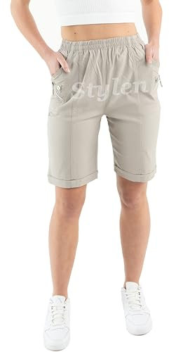 Womens Shorts with Pockets Lightweight Elasticated Summer Easy Care Ladies Travelling Pull on Comfy Lounge Shorts Plus Size (14, Beige)