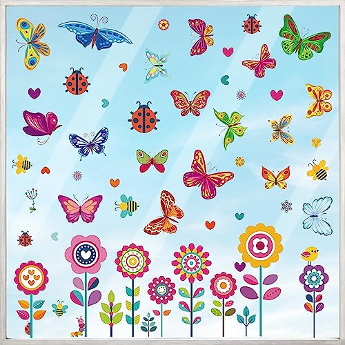 Fensterbilder Fensterdeko Frühling, 109 Stücke Fensterbilder Frühling Selbstklebend Kinder Schmetterlinge Deko Fenstersticker Blumen,Schmetterlinge Fensteraufkleber Aufkleber Kinderzimmer Deko Mädchen