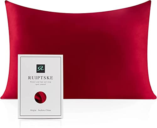 RUIPTSKE Kissenbezug aus Naturseide, hypoallergen, 22Momme, 100 % Seide, 600 Garne, mit verdecktem Reißverschluss (Rot, 50 x 66 cm)