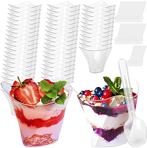 Jetcloud 50Pcs Dessert Cups with Spoons,100ML Plastic Cheesecake Parfait Pots Reusable Clear Appetizer Cup Transparent Dessert Bowl Multi-Use for Dessert Pudding Mousse Snacks Ice Iream