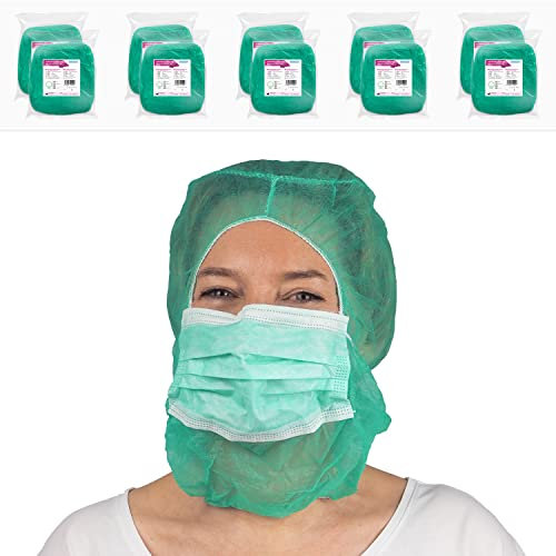 ARNOMED Astro Haube mit 2-lagigem Mundschutz Grün, 1000 Stk (10 Beutel), PP-Vlies Haarnetz mit angenähter Maske, Kopfhaube mit Gummizug & Face Mask, Krankenschwester & Pflege Zubehör, Kopfschutz Küche