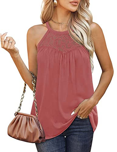 ABINGOO Tunique T-Shirt d'été pour Femme Hauts sans Manches à Col Rond Dos Nu Dentelle Débardeur Décolleté Plissé Cami Lâche Chemise Ample Chemisier (Rose,L)