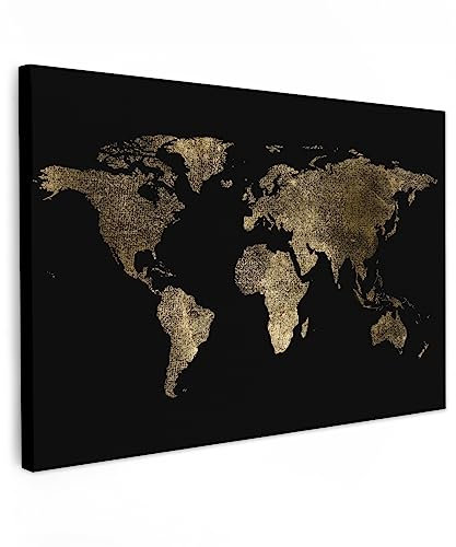MuchoWow© Wandbilder 90x60 cm Wohnzimmer Wanddeko Schlafzimmer Zimmerdeko Fotowand Zimmer Deko Wand Dekoration Wall Art Bild Weltkarte Gold - Schwarz - Landkarte Welt - Luxus