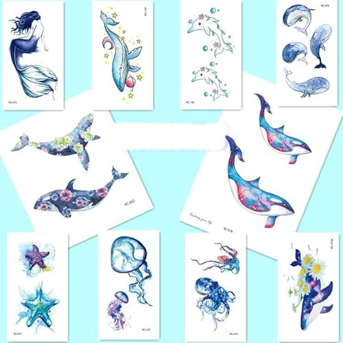 Fake Tattoos Wal Delphin Seestern Qualle Meerjungfrau Wasserdicht Temporäre Tätowierung Kinder Männer Und Frauen Aufkleber