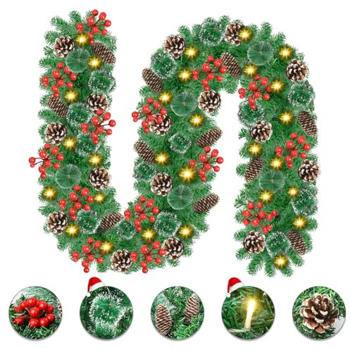 Vothen Guirnalda navideña con iluminación 270cm, Guirnalda de Abeto de PVC con guirnaldas de Luces LED, decoración navideña para Puerta y Chimenea con Flores de Navidad