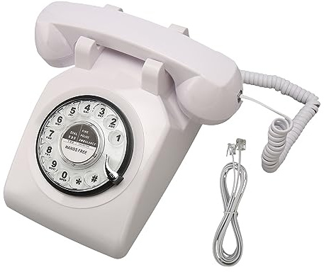 Retro Landline Telephone, Classic Vintage Corded Phone, Old Fashioned Dial Button Desk Phone with Redial Function for Home Office (White)