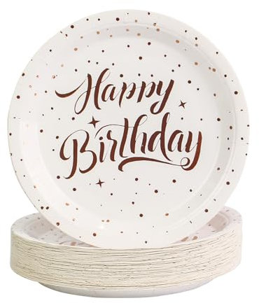 BOKFJBP 60 Pack Party Paper Plates,7 inch Happy Birthday Rose Gold on White Party Paper Plates Set,Disposable Plates Party Tableware for Graduation, Birthday, Party Weddings, Christmas