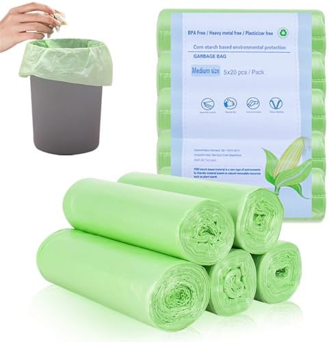 Bolsas de basura orgánicas, 100 bolsas de basura orgánicas, 10 L, bolsas de basura orgánicas, bolsas de basura biodegradables para cocina, oficina, salón (45 x 50 cm, verde) (100 unidades de 10 L)