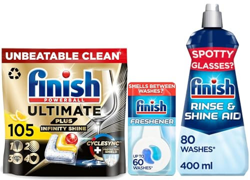 Finish Ultimate Plus Bundle: 105 Infinity Shine Lemon Dishwasher Tablets, Freshener 4ml & Rinse Aid 400ml