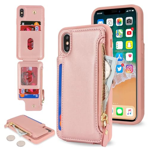 SailorTech for iPhone X Phone Case with Credit Card Holder for Men, iPhone XS Case with Credit Card Slots Wallet Zipper Case for Women - Rose Gold