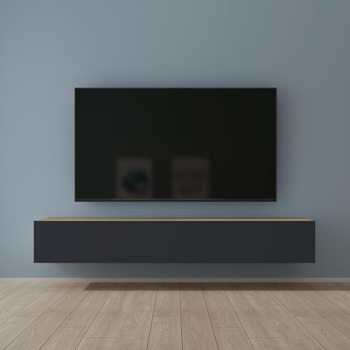 Mai & Mai Fernsehschrank Hängend TV Lowboard hängend mit Gasdruckfedern | TV Schrank mit Klappen, viel Stauraum, Wandmontage in Kerneiche + Matt Anthrazit, Breite: 200 cm, Fernsehschrank02