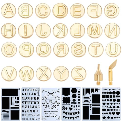 GORGECRAFT 28PCS Wood Burning Tips Set Matte Gold Letters Uppercase Alphabet Branding Hollow Hot Stamps Iron Tips 6PCS Drawing Stencil Template for DIY Embossing Tools Carving Craft