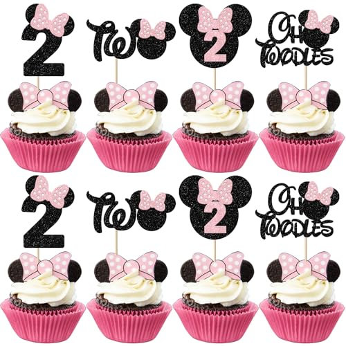 Xsstarmi 24 Pack Mouse 2nd Birthday Cupcake Toppers, Pink Bow Mini Second Cake Decorations, Two Oldes Picks for Baby Shower Kids Party Decors Black