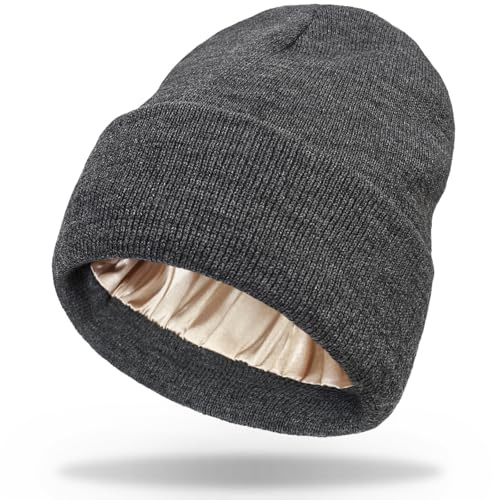 LINSOCLE Damen Winter Warm Beanie Mütze, Damen Cuffed Beanie, Unisex Warme Strickmütze Satin Gefüttert Thermo Wintermütze