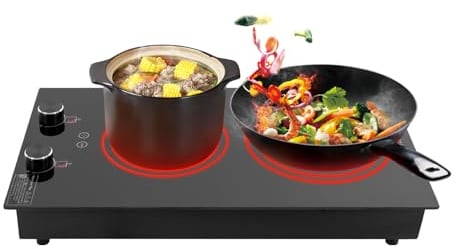 Electric Cooktop, 110V 2100W Electric Stove Top with Knob Control, Double-burner Ceramic Electric Hob, Portable Countertop Burner, 10 Power Levels, Child Lock, Timer, Over-Heat Protection