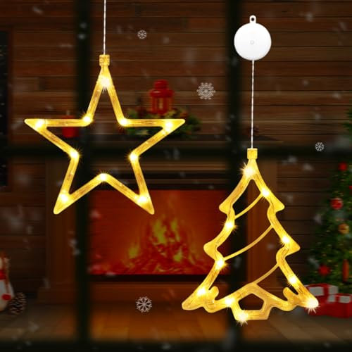 IWTBNOA 2 luci a LED a forma di stella, con ventose, luci a LED per finestre, luce bianca calda, per Natale, balcone, feste, interni, esterni
