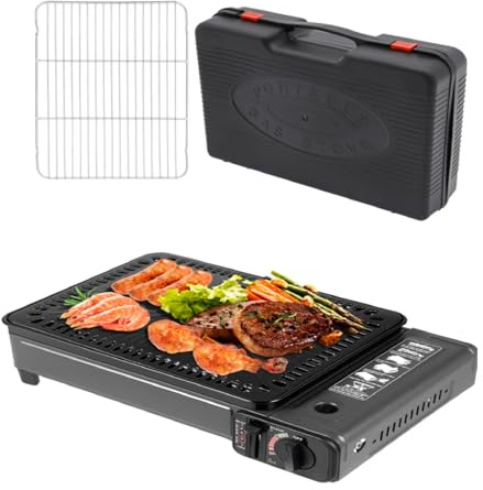 JDBDU Camping Grillset Tragbarer Camping Gasgrill mit Grillnetz und Backblech Outdoor BBQ Butan LPG Camping Grill mit Transportkoffer für Reisen Trekking Kochen