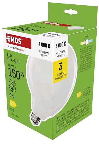 EMOS LED Lampe Edison G125, 18W Ersatz für 150W Glühbirne, milchige Glühlampe Globus mit E27 Sockel und Helligkeit 2452 lm, Neutralweiß 4000 K, 25000 Stunden Lebensdauer, CRI > 80, 360° Abstrahlwinkel