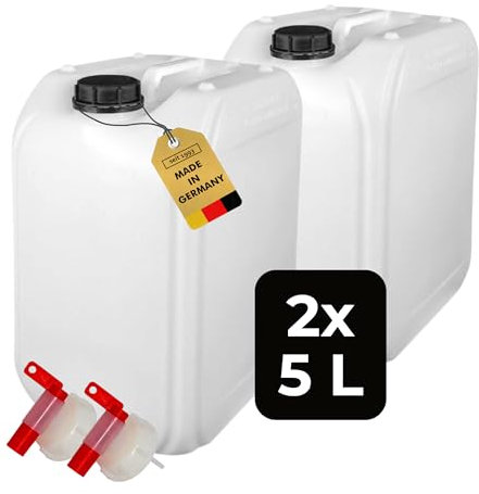 ABACUS® 2X 5 Liter Wasserkanister Natur | Chemiekanister | Auslaufhahn und Deckel (DIN 51) | Lebensmittelecht | Indoor und Outdoor | BPA Frei | Säurefest | Mit Skala zum Ablesen des Füllstands