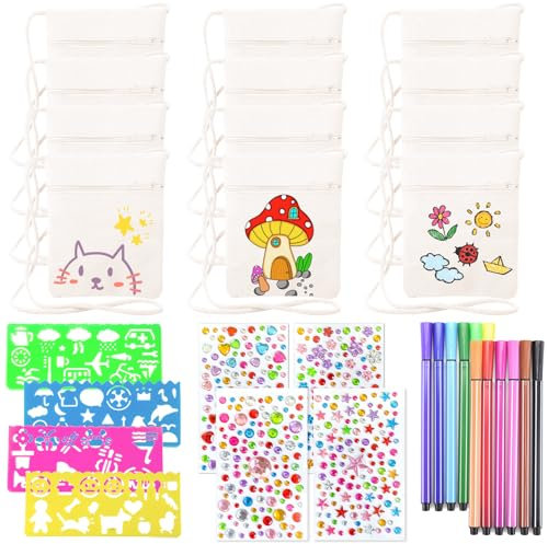 12 Stück Stoffbeutel zum Bemalen für Kinder, 17×13cm DIY Kinder Umhängegeldbeute mit 4 DIY Malschablonen 12 Buntstifte 4 Blatter Diamant-Aufkleber, Kleine Schultertaschen für Schule Party Geburtstag